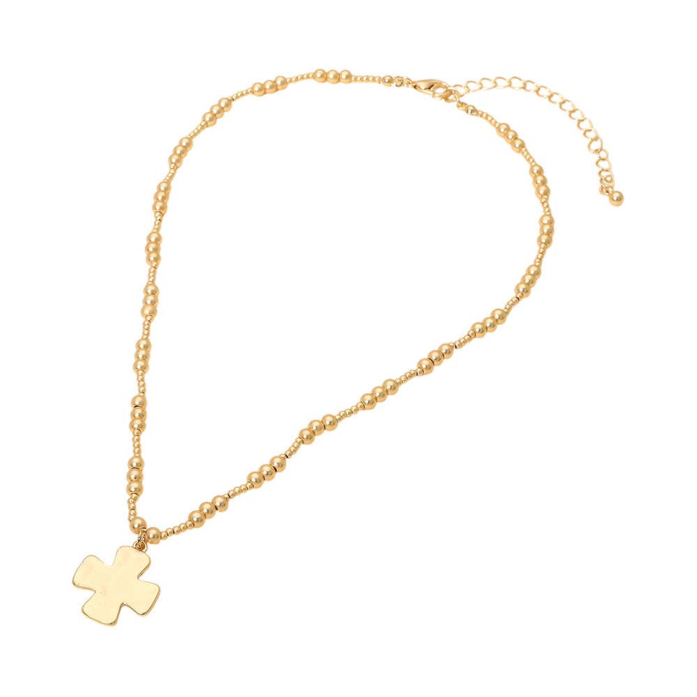 Brushed Hammered Metal Cross Pendant Beaded Chain Necklace