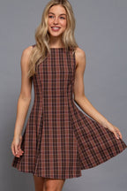 Sleeveless Boat Neck Swing Plaid Woven Mini Dress