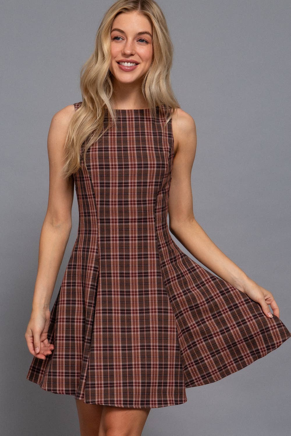 Sleeveless Boat Neck Swing Plaid Woven Mini Dress