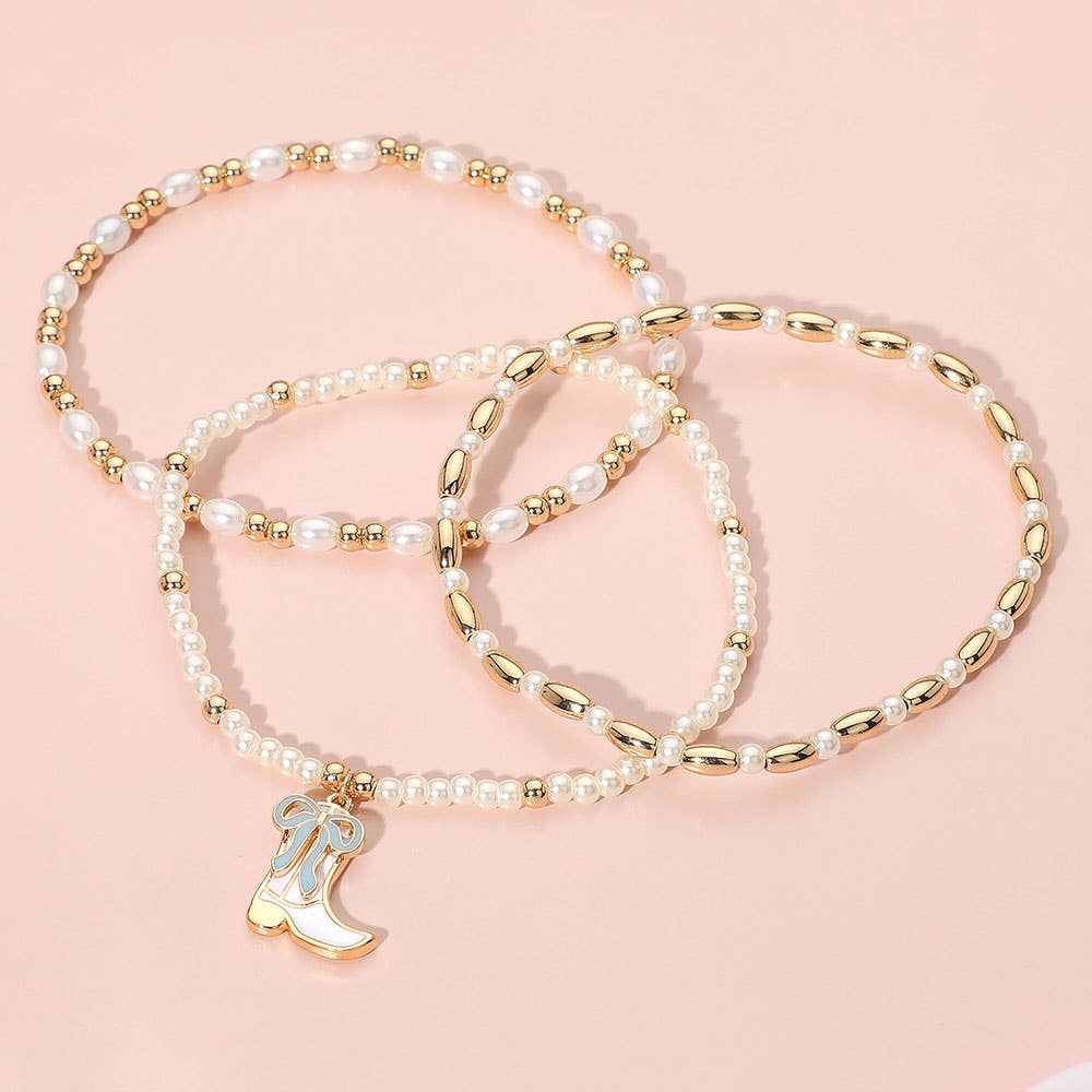 3PCS - Enamel Bow Cowboy Boot Pearl Beaded Multi Layered Bracelet
