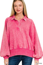 Acid Wash Fleece Button Up Collared Pullover