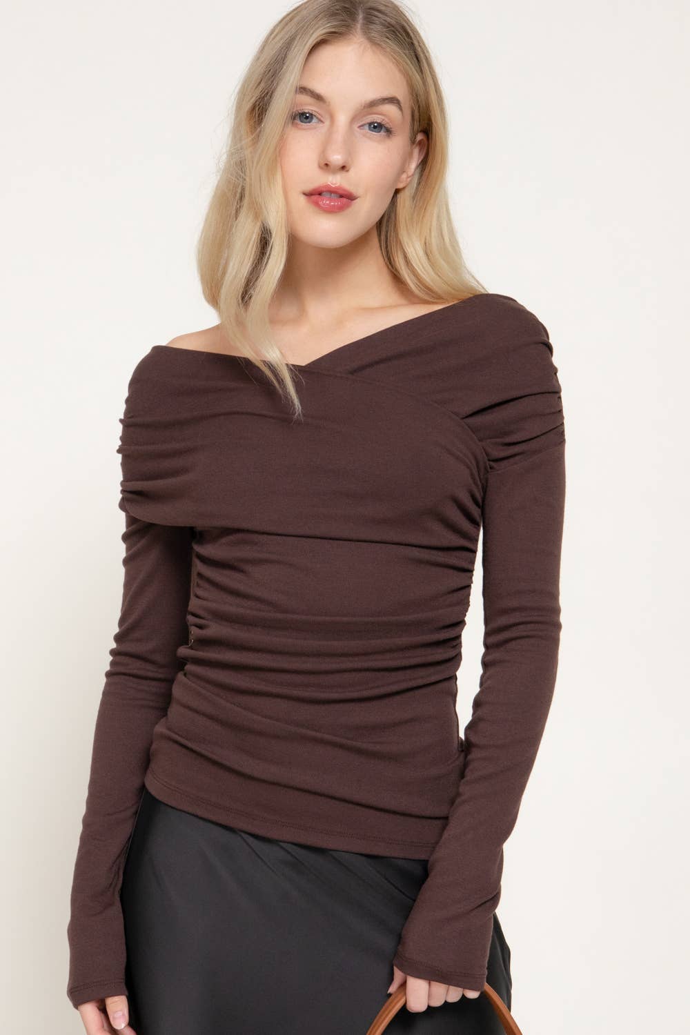 Long Sleeve Wrap Neckline Draped Detail Straight Knit Top