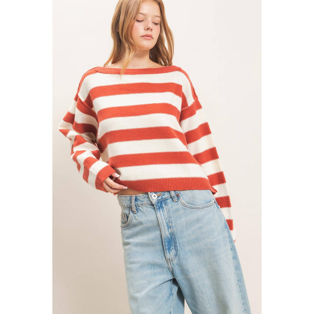 Striped Boat Neck Knit Sweater