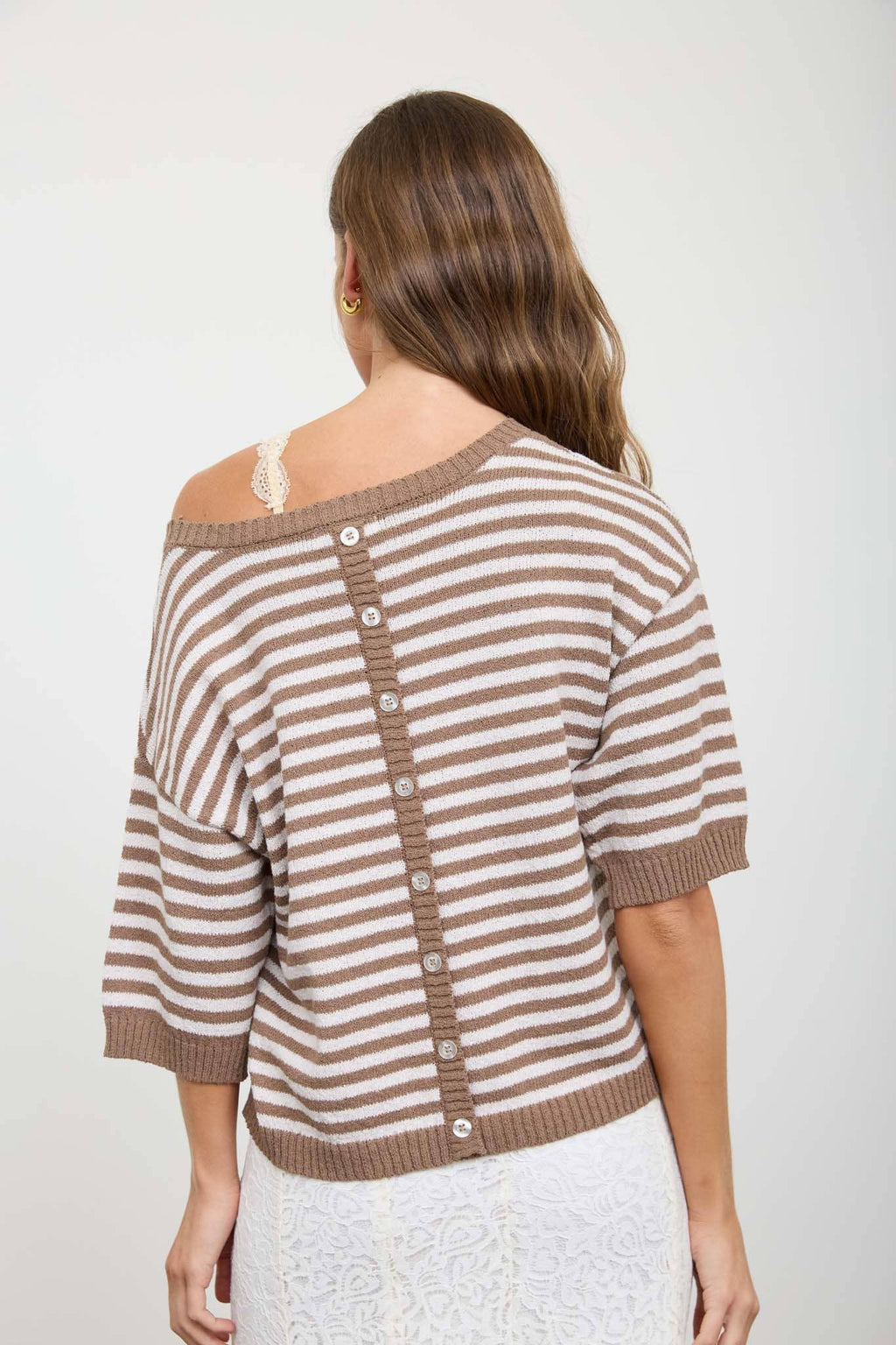 STRIPE CONTRAST TRIM SHORT SLEEVE KNIT SWEATER