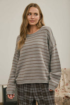 CREAM STRIPED DROP SHOULDER CREW NECK SWEATER