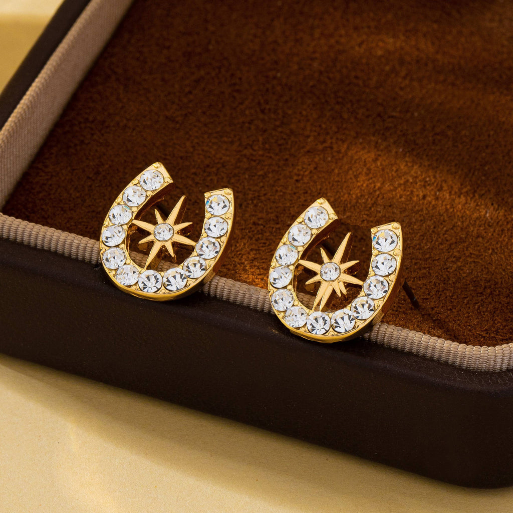Pave Crystal Horseshoe Star Stud Earrings | 80E62350