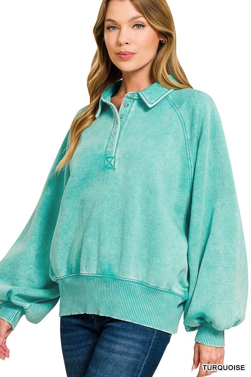 Acid Wash Fleece Button Up Collared Pullover