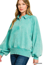 Acid Wash Fleece Button Up Collared Pullover