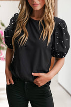 Ribbed Pearl Beaded Bubble Sleeve Top | S-XL