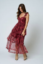 FLORAL CHIFFON RUFFLE TIERED CORSET MIDI DRESS