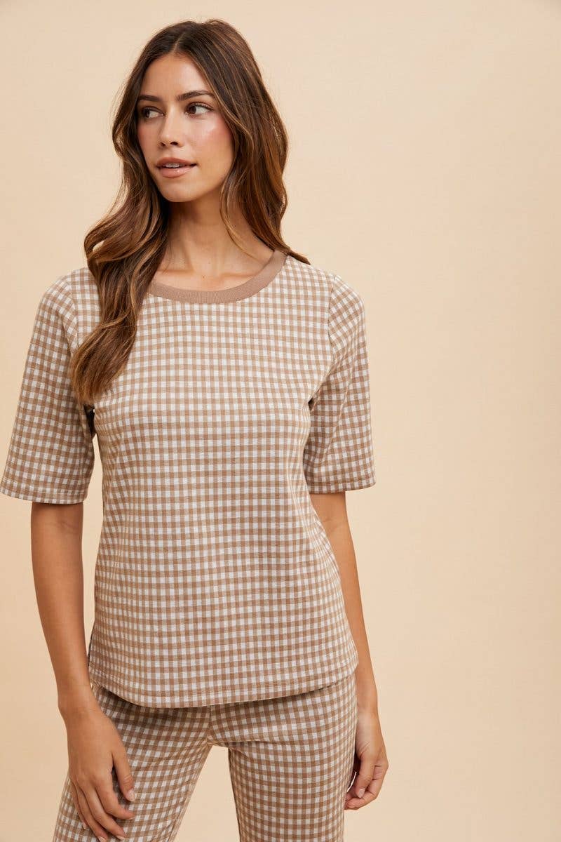 Gingham Jacquard Knit Top And Pants Set