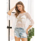 STAR CONTRAST KNITTING FISH-NET LOOSE FIT CROP TOP
