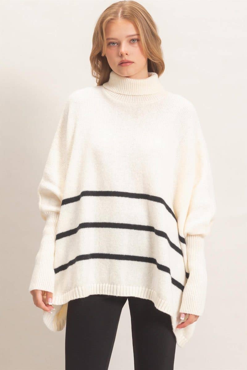 Striped Turtleneck Poncho Sweater