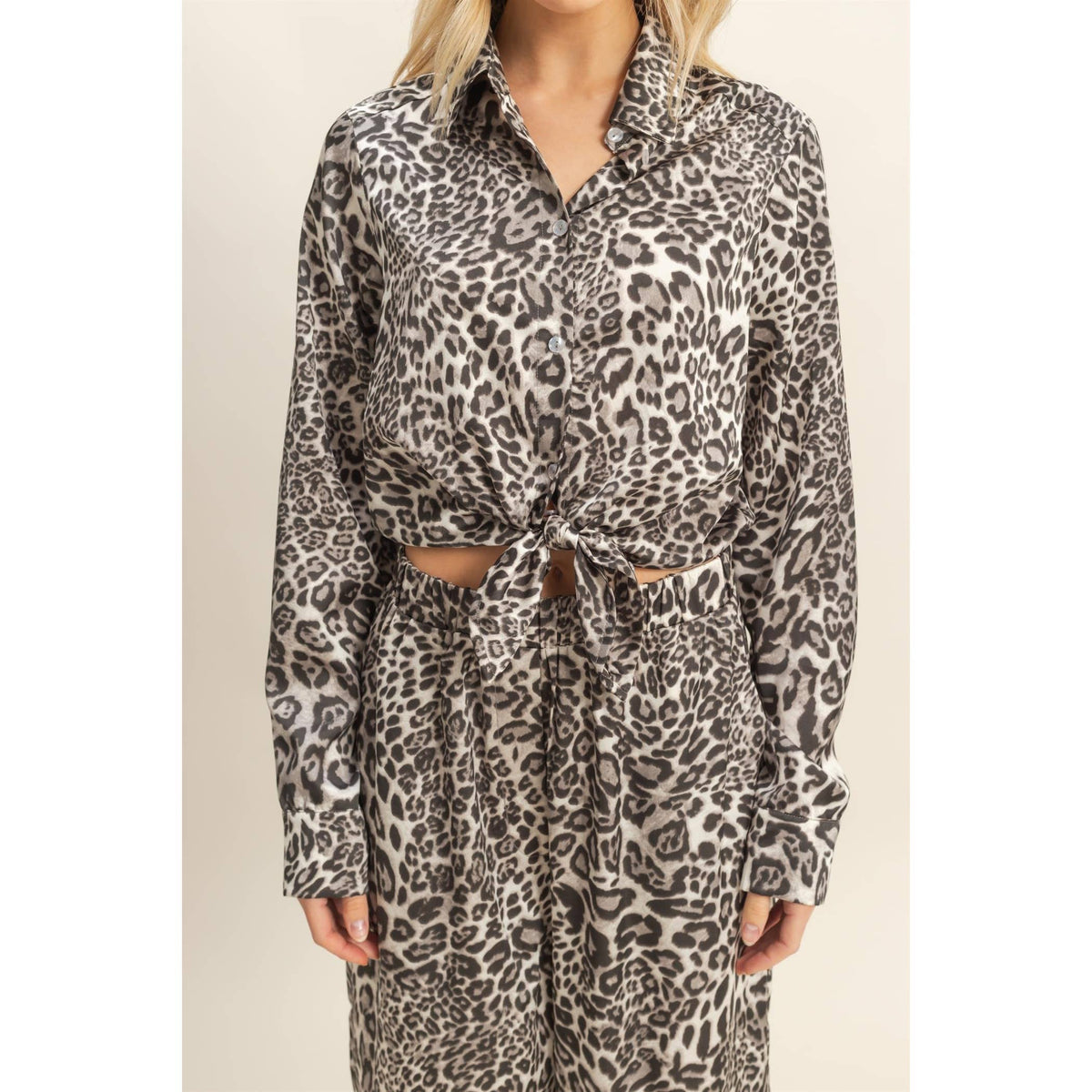 Leopard Print Tie-Waist Shirt And Pants Jumpsuit