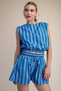 Stripe Top With Padded Shoulder and Elastic Waist