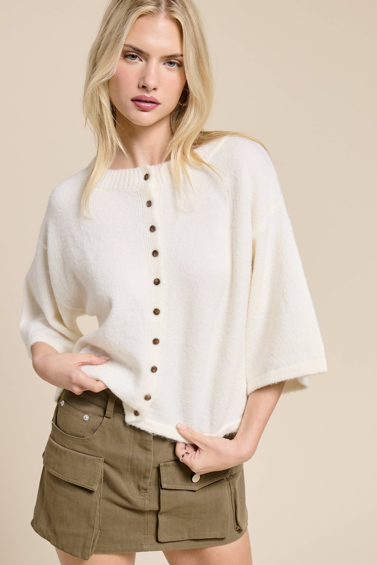 Wide Sleeve Button Front Knit Cardigan