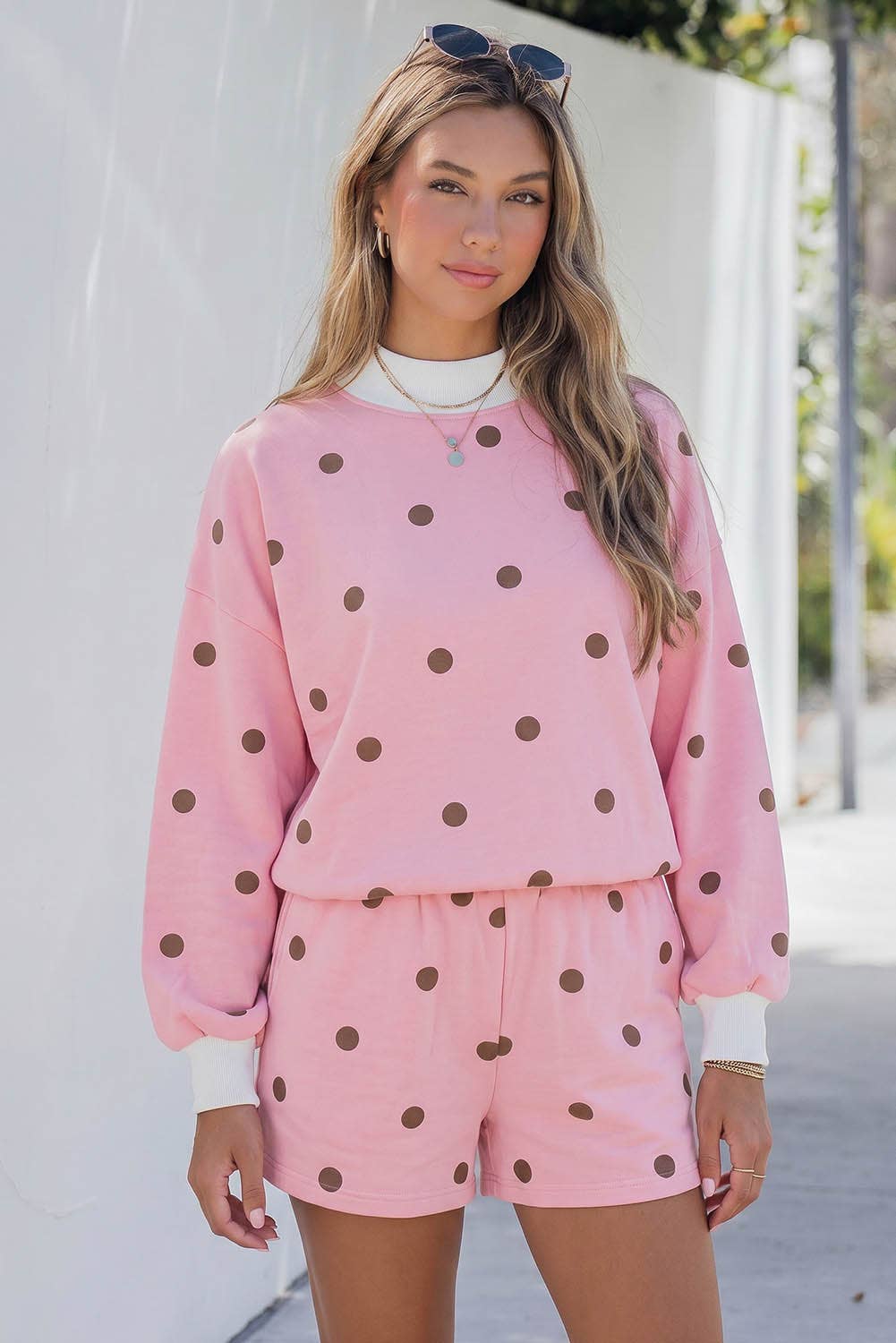 Polka Dot Mock Neck Long Sleeve Casual Two Piece Pants Sets