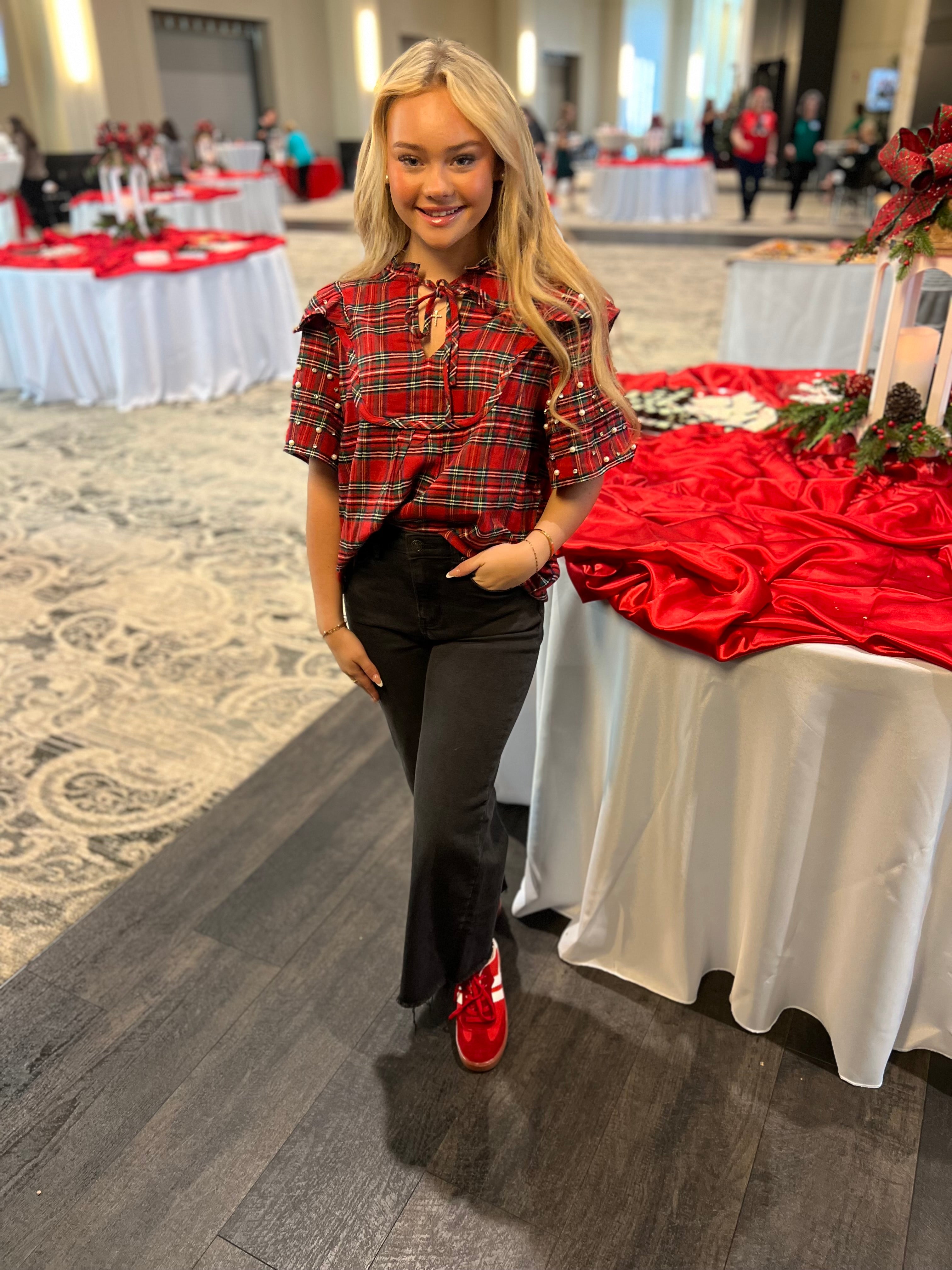 Christmas Plaid Pearl + Rhinestone Blouse