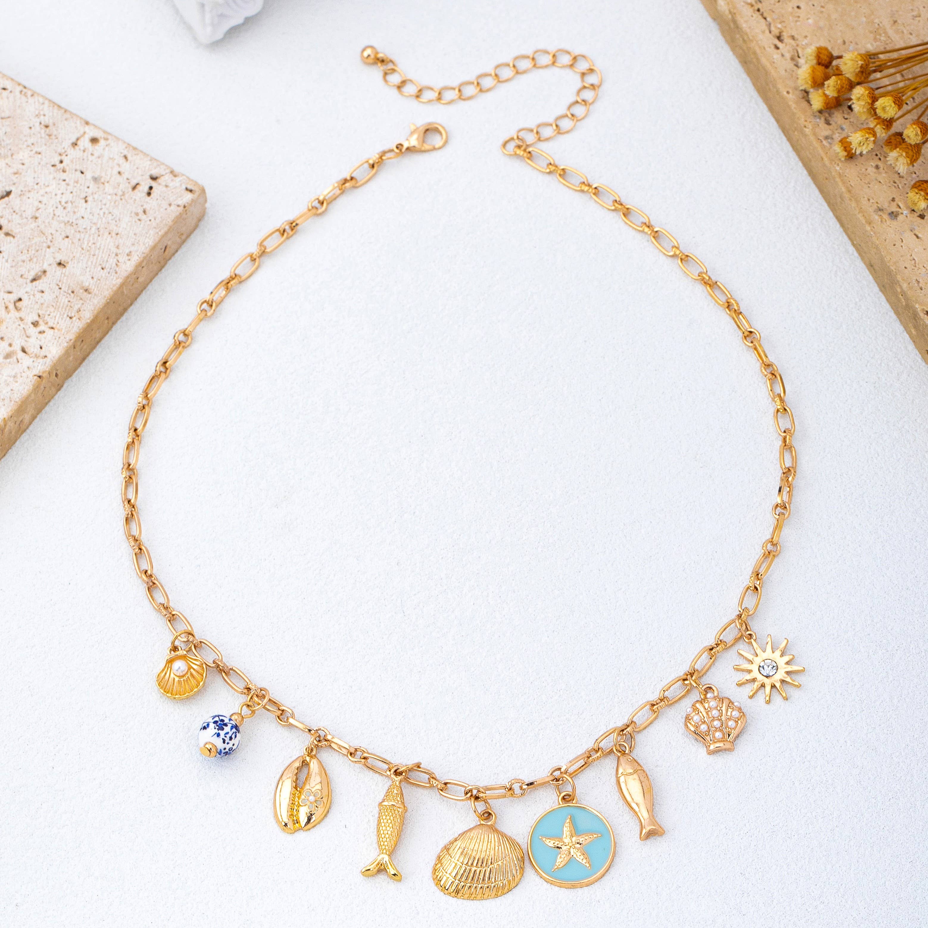 Charm Necklace-Coastal seashells fish cloisonne | 80N92963