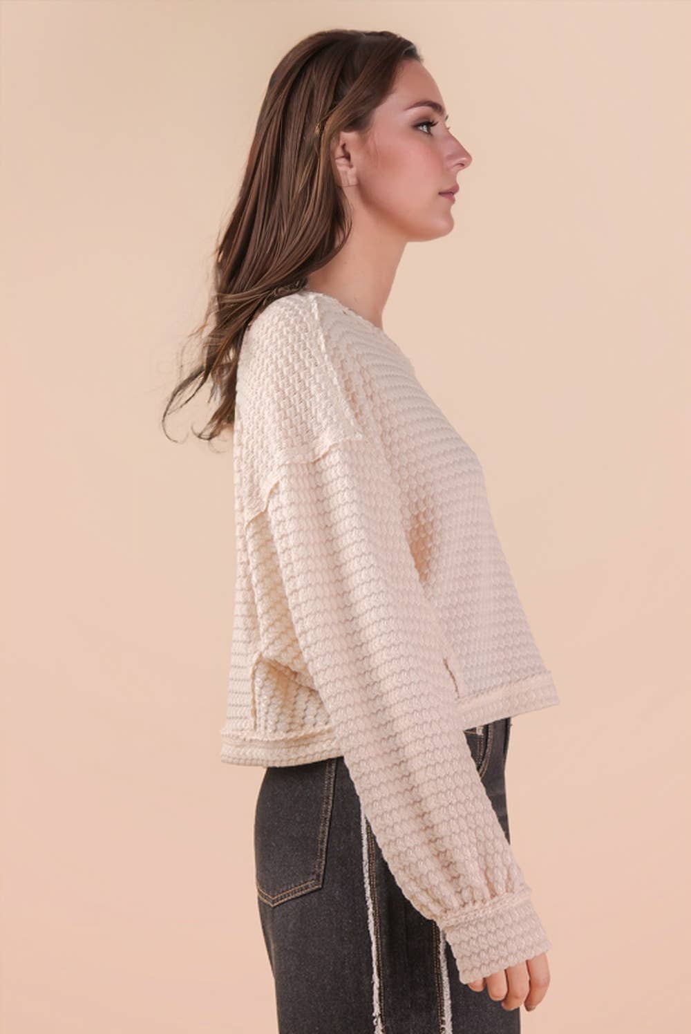 NT11982-Oversized Waffle Solid Knit Causal Top