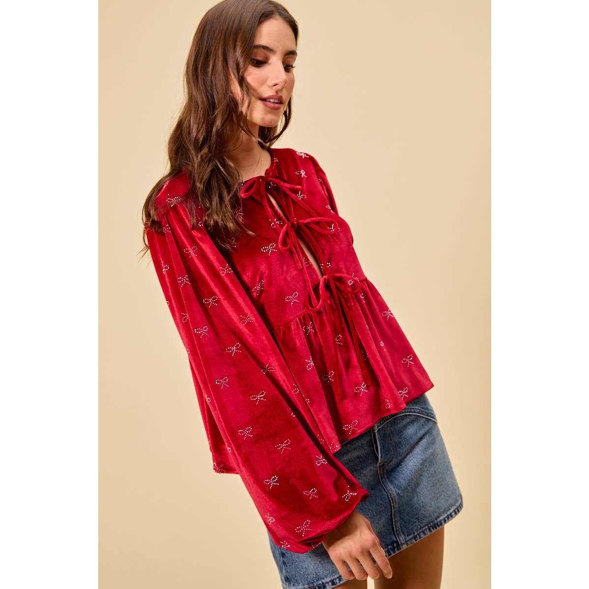 HOLIDAY CHRISTMAS RIBBON EMBELLISHED VELVET TOP