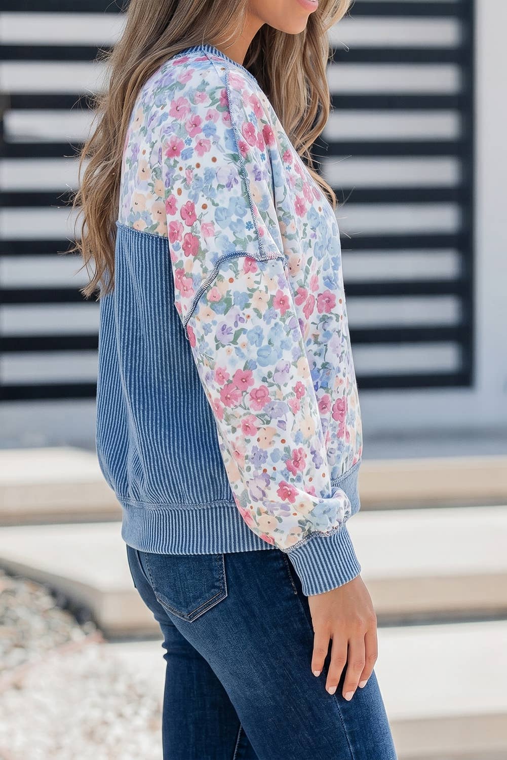 Floral Print Twisted Ribbed Detail Long Sleeve Top