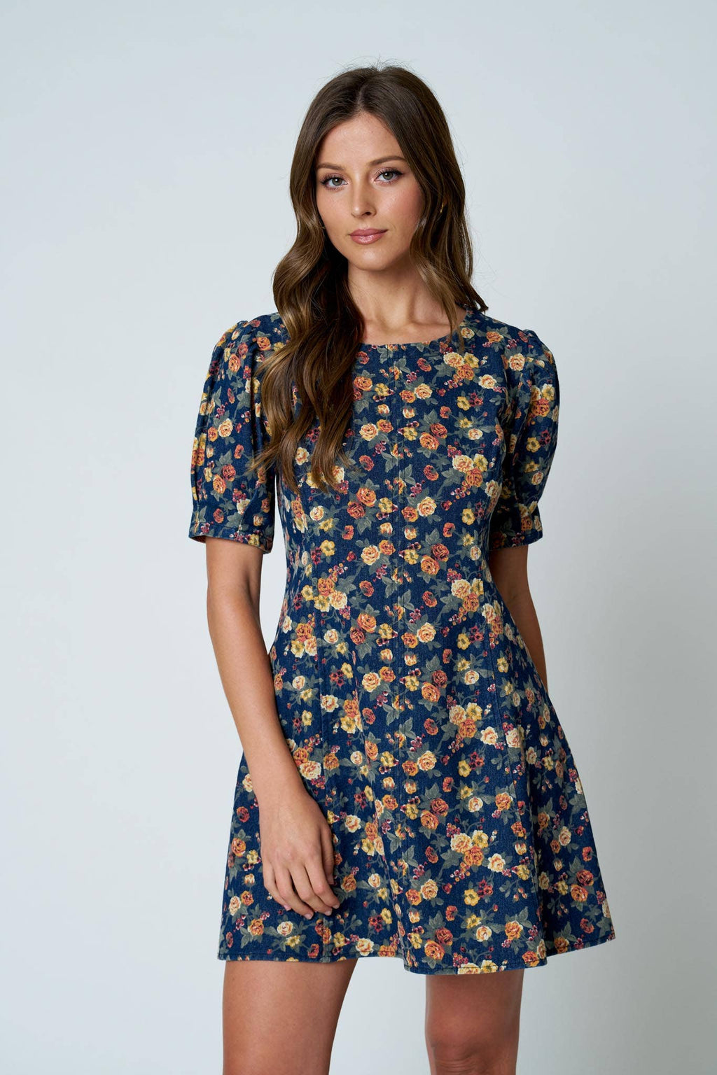FLORAL PUFF SLEEVE SEAM DETAIL DENIM MINI DRESS