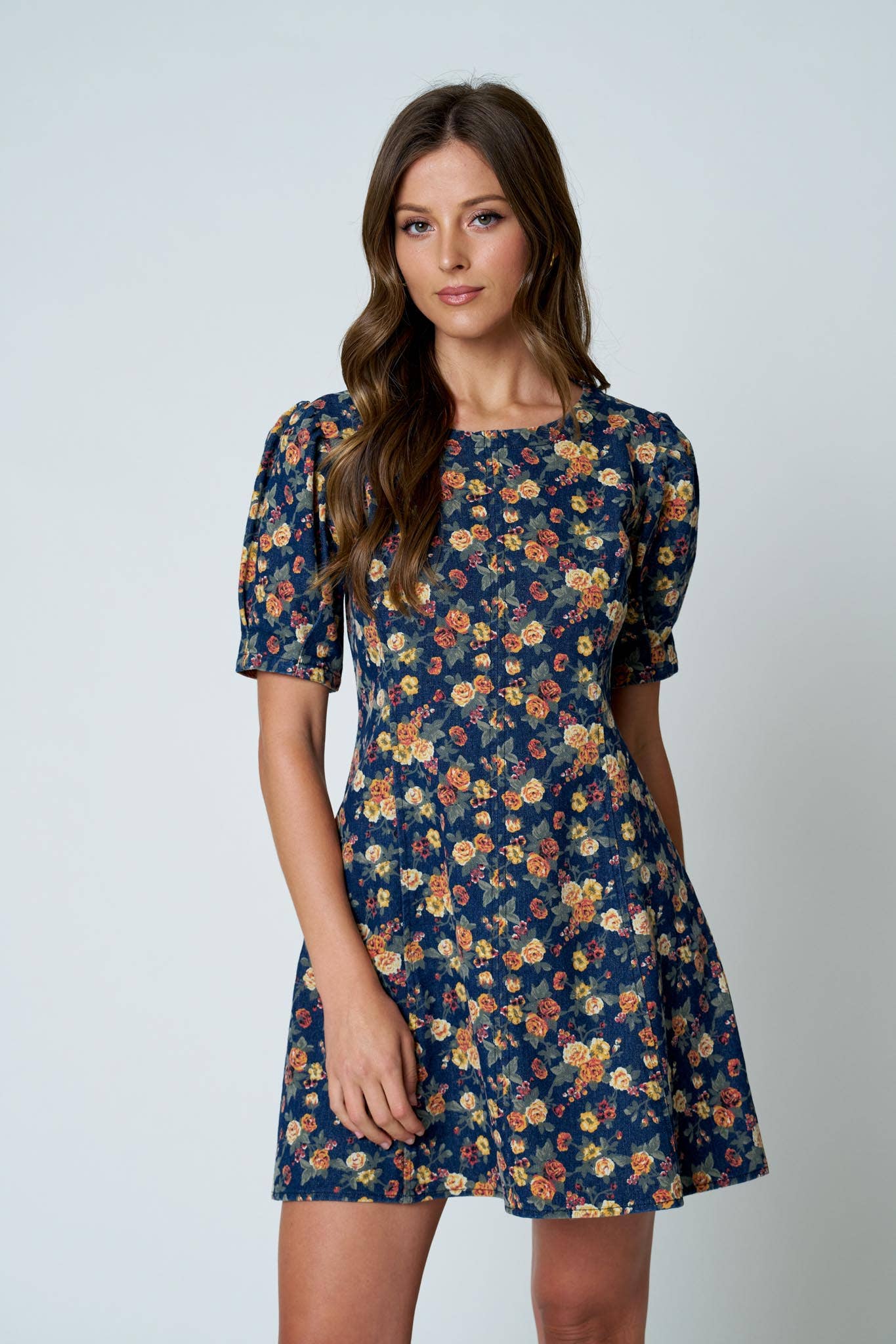 FLORAL PUFF SLEEVE SEAM DETAIL DENIM MINI DRESS