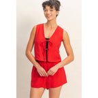 Sleeveless Tie-Front Vest And Elastic Waist Shorts Set