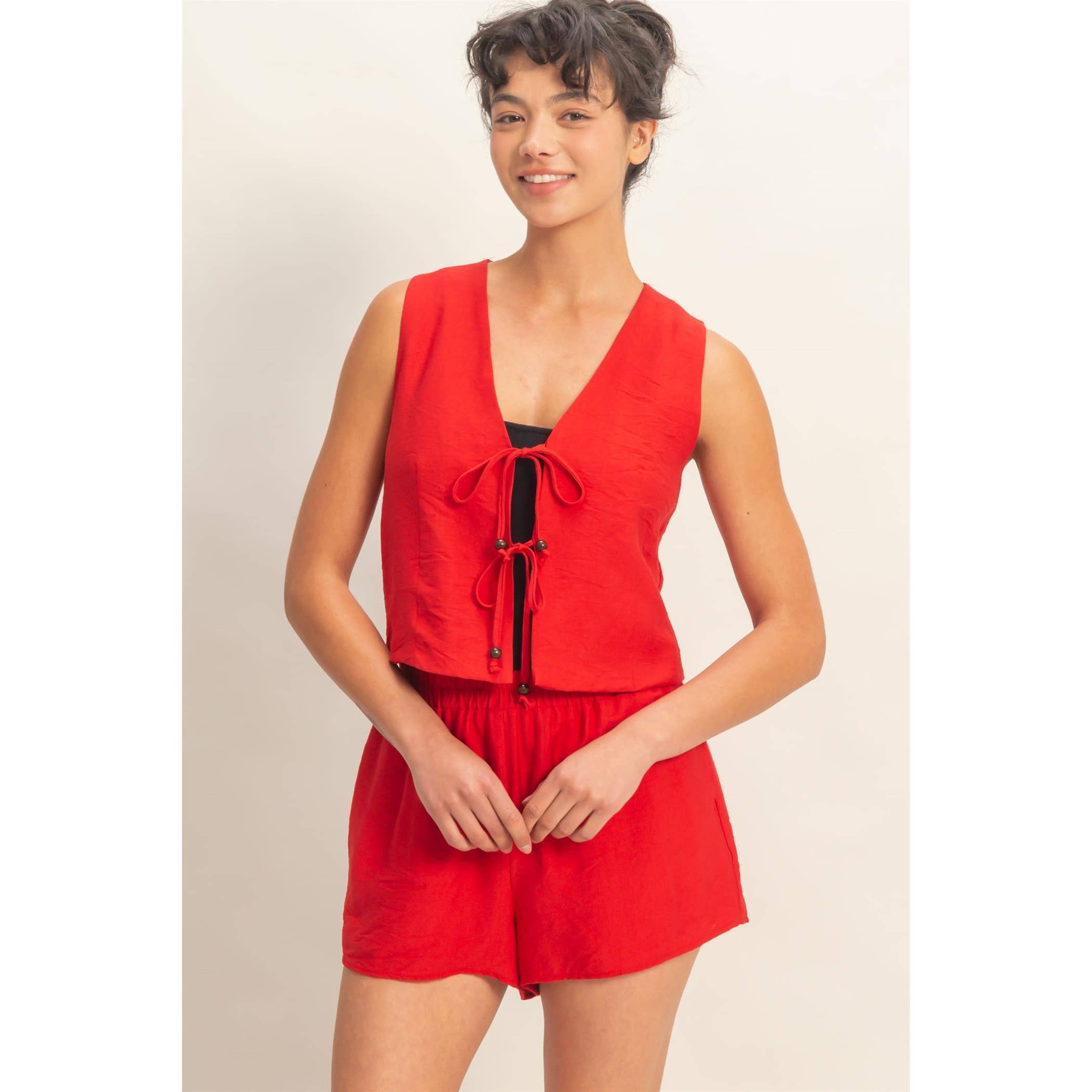 Sleeveless Tie-Front Vest And Elastic Waist Shorts Set