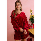 HOLIDAY VELVET RUFFLED SLEEVES V NECK TOP