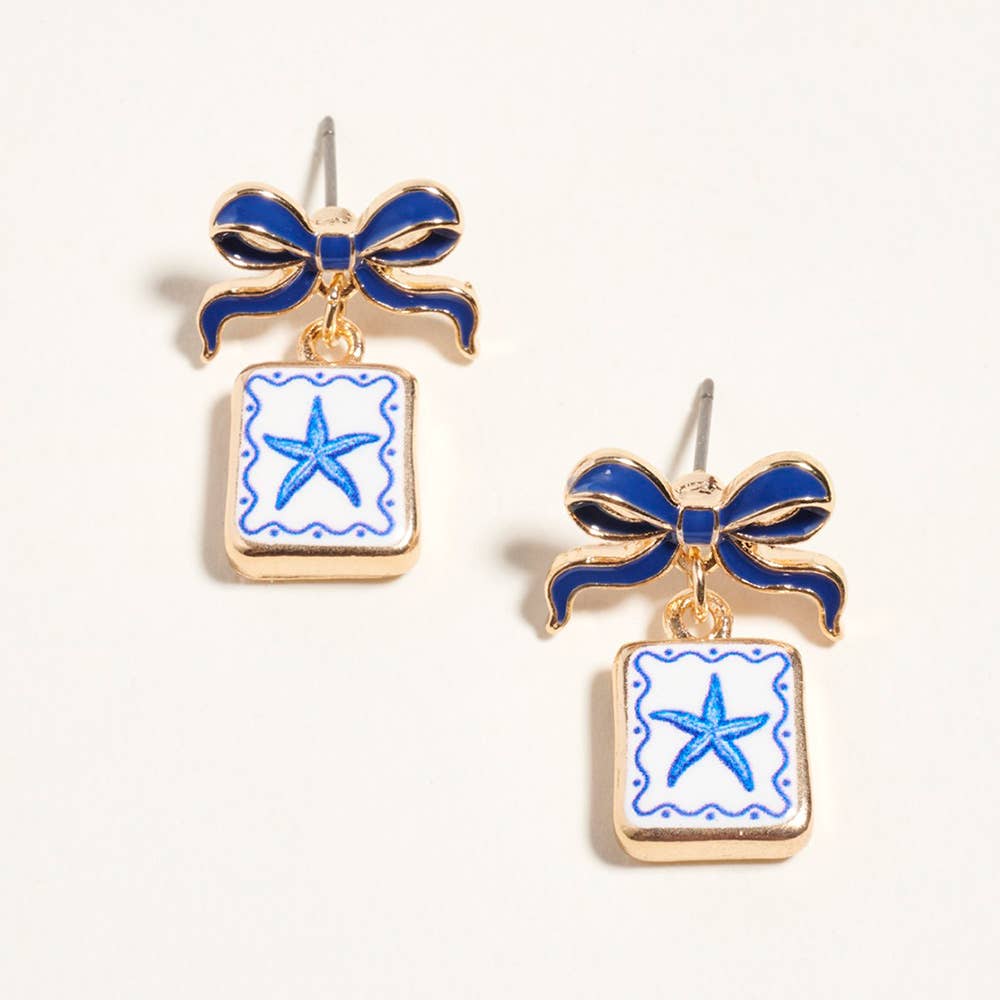 Bow Shell Print Square Frame Drop Earrings