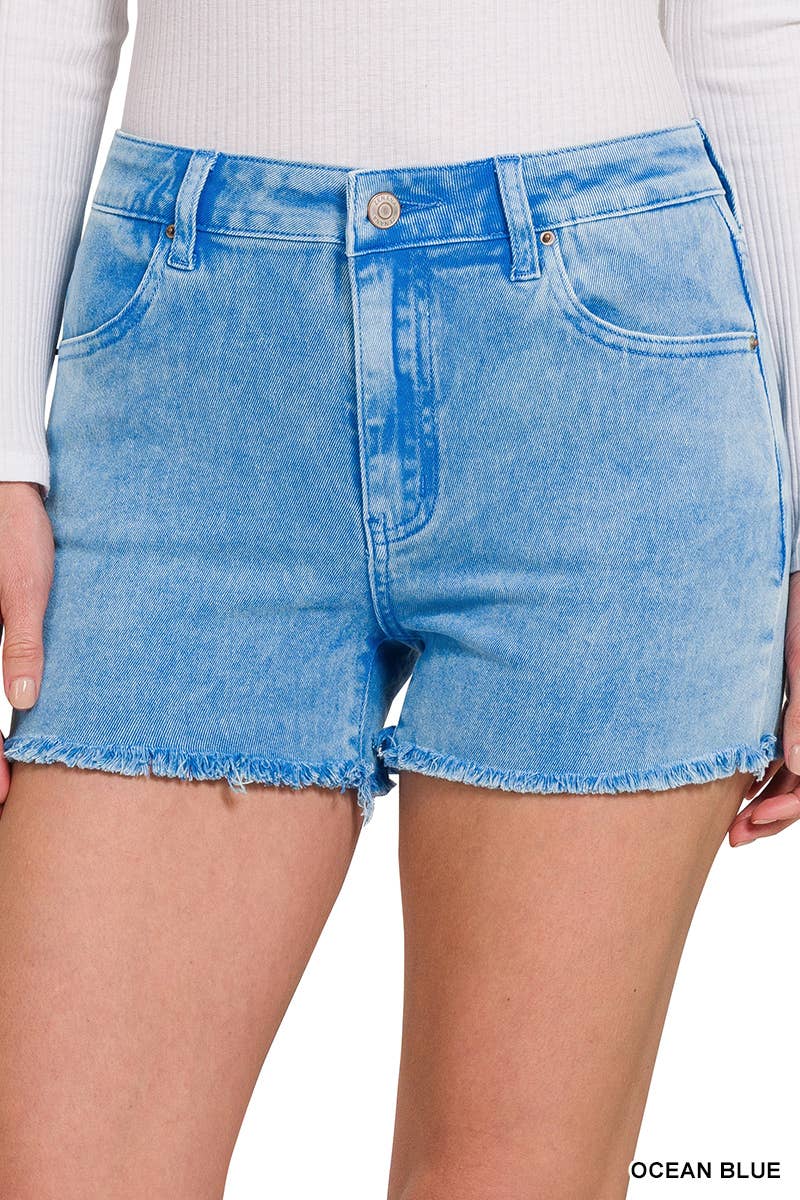 Washed Fray Hem Cotton Denim Shorts - Zenana