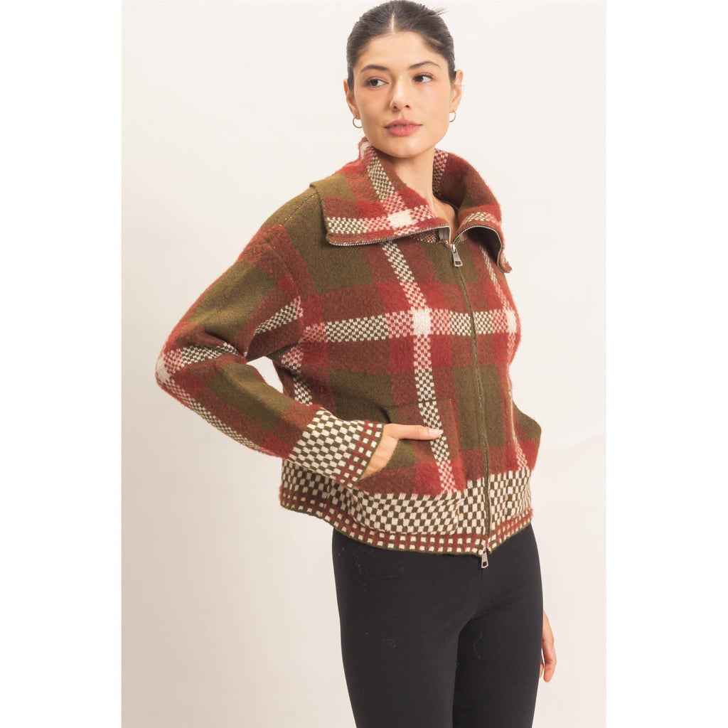 Wide Collar Plaid Zip-Up Sweater
