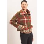 Wide Collar Plaid Zip-Up Sweater
