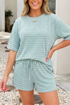 LDC Stripe Rib Loose Drawstring Elastic Waist 2pcs Short Set