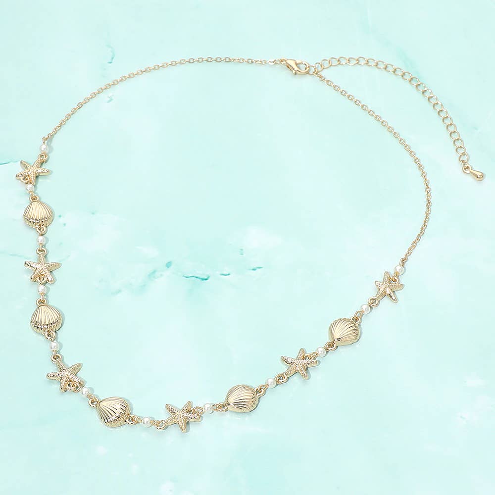 Textured Seashell Starfish Pearl Link Necklace