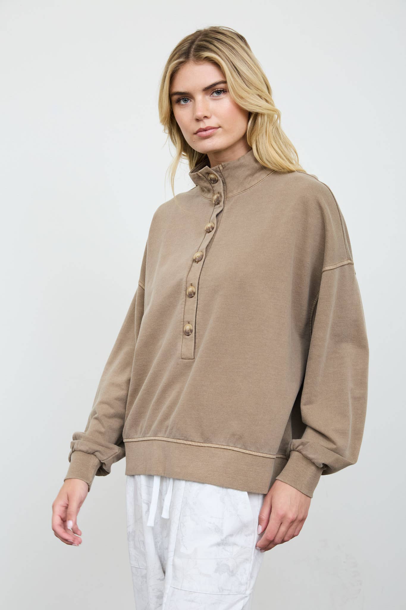 MOCK NECK HENLEY LONG SLEEVE KNIT TOP