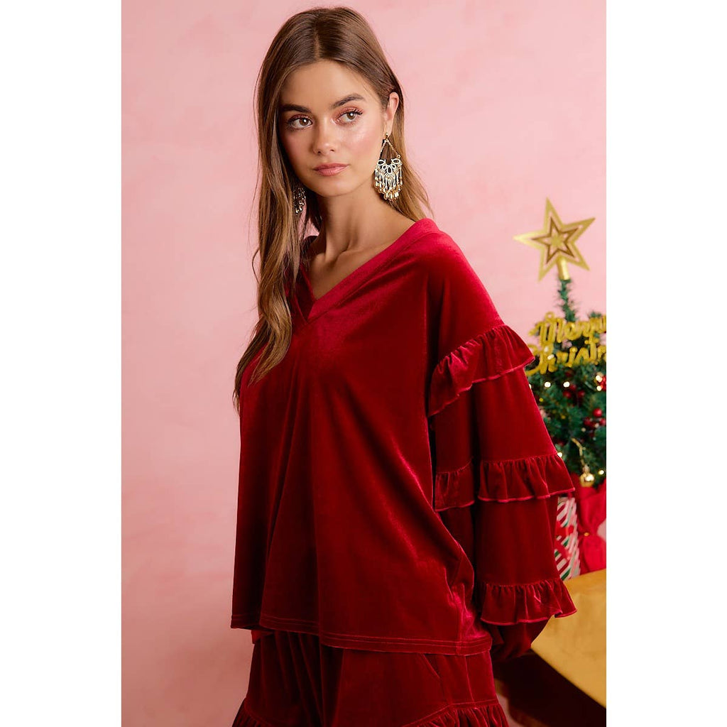 HOLIDAY VELVET RUFFLED SLEEVES V NECK TOP