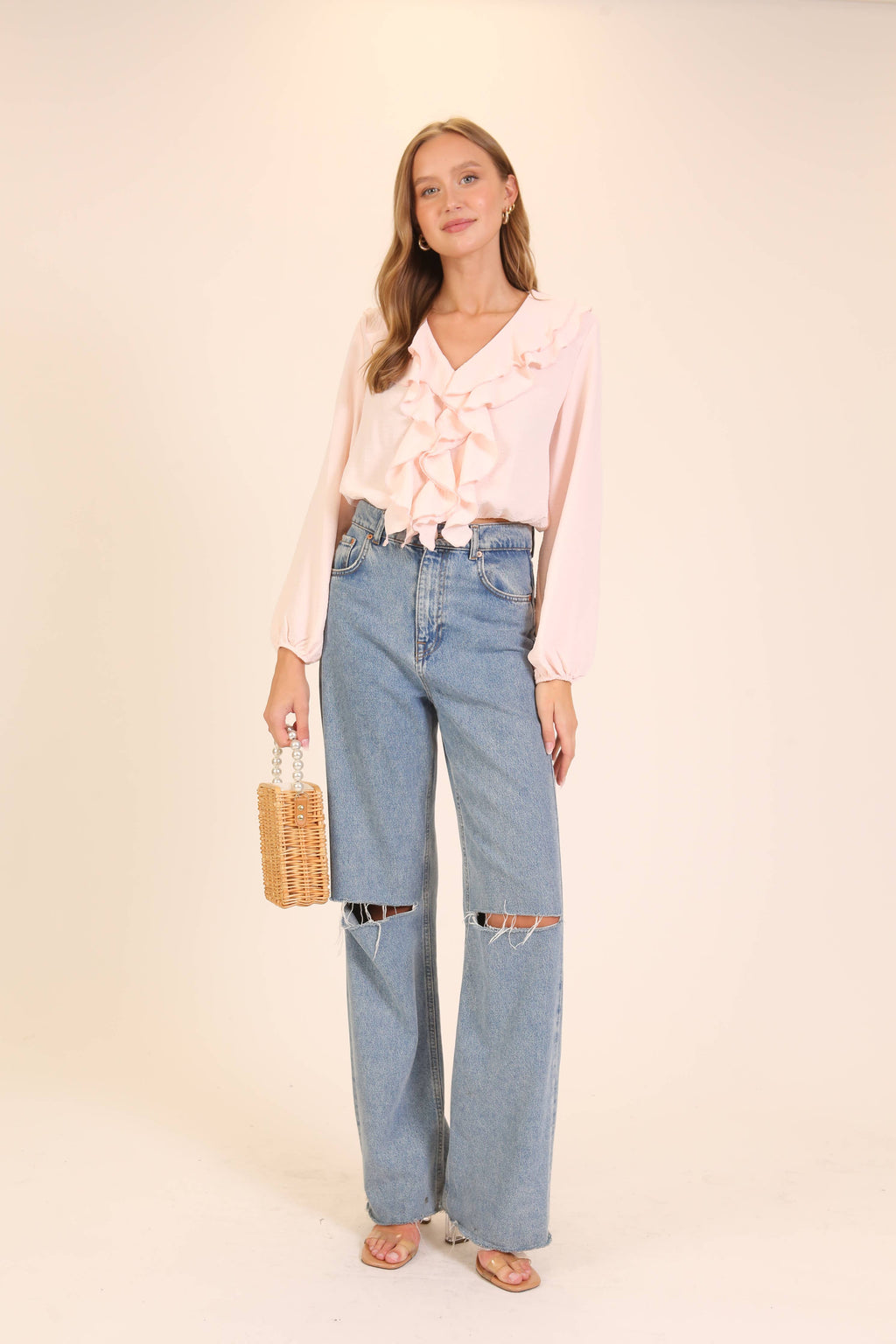 Ruffle Cascade V-Neck Blouse