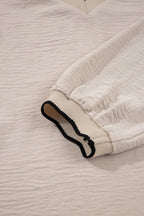Contrast Scallop Trim V Neck Long Sleeve Blouse