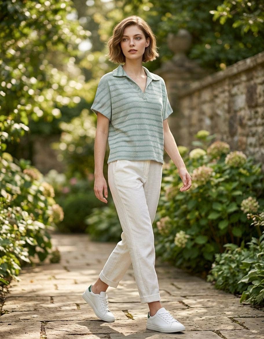 0424 Raised Rib Striped Collared Top SI-29768
