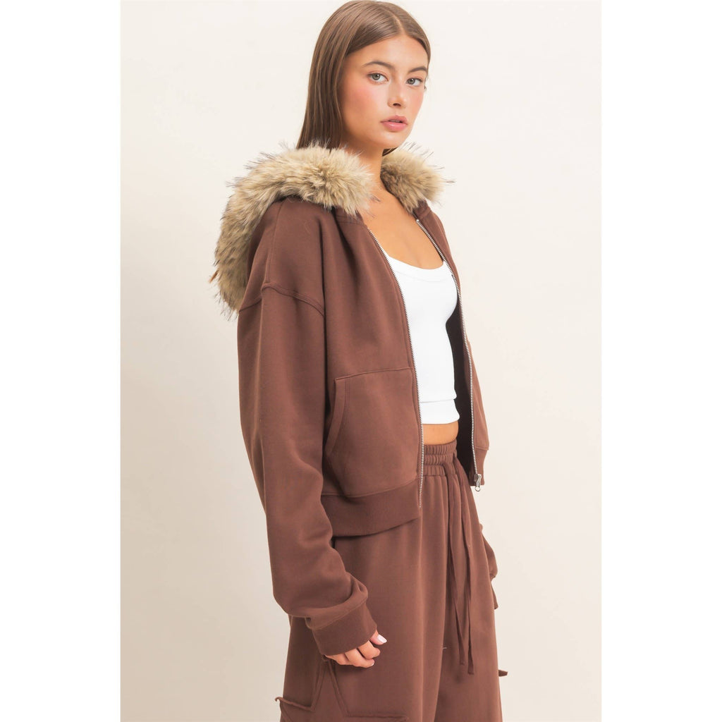 Detachable Fur Zip Up Hoodie