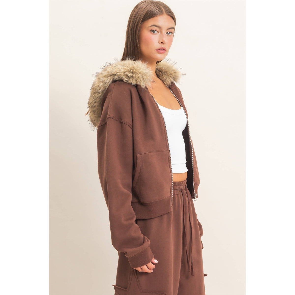 Detachable Fur Zip Up Hoodie