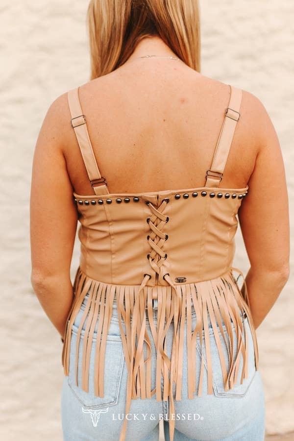 Sand Leather Vintage Studded Fringe Hem Corset Top