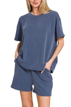 Corded Rib Short Sleeve Tee And Short Pants Set