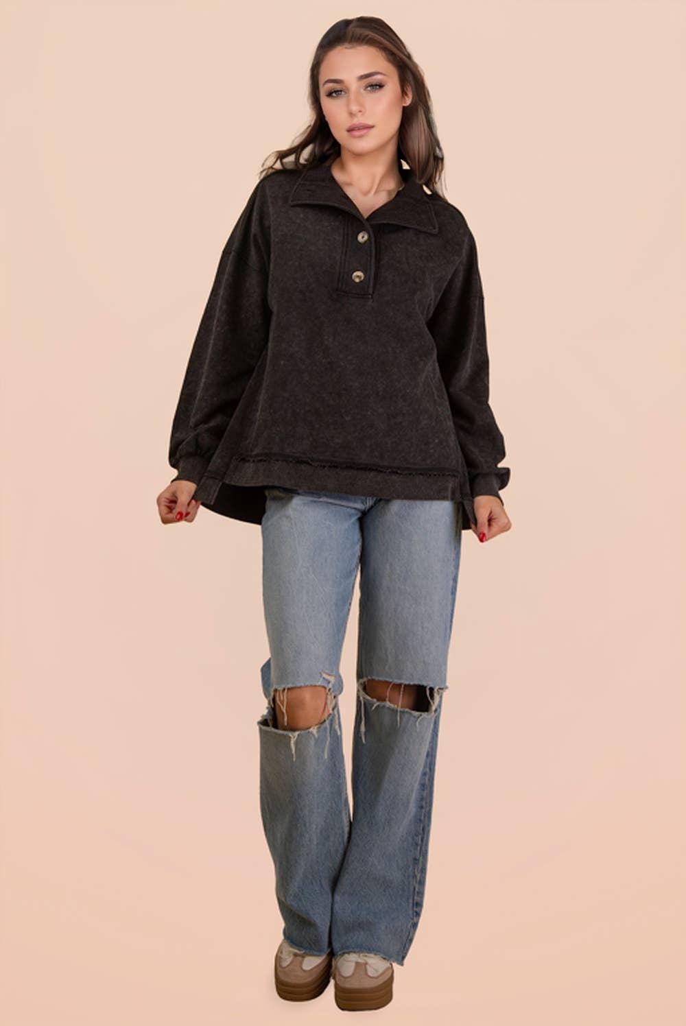 NT12225-Mock Neck Mineral Washed Knit Causal Top