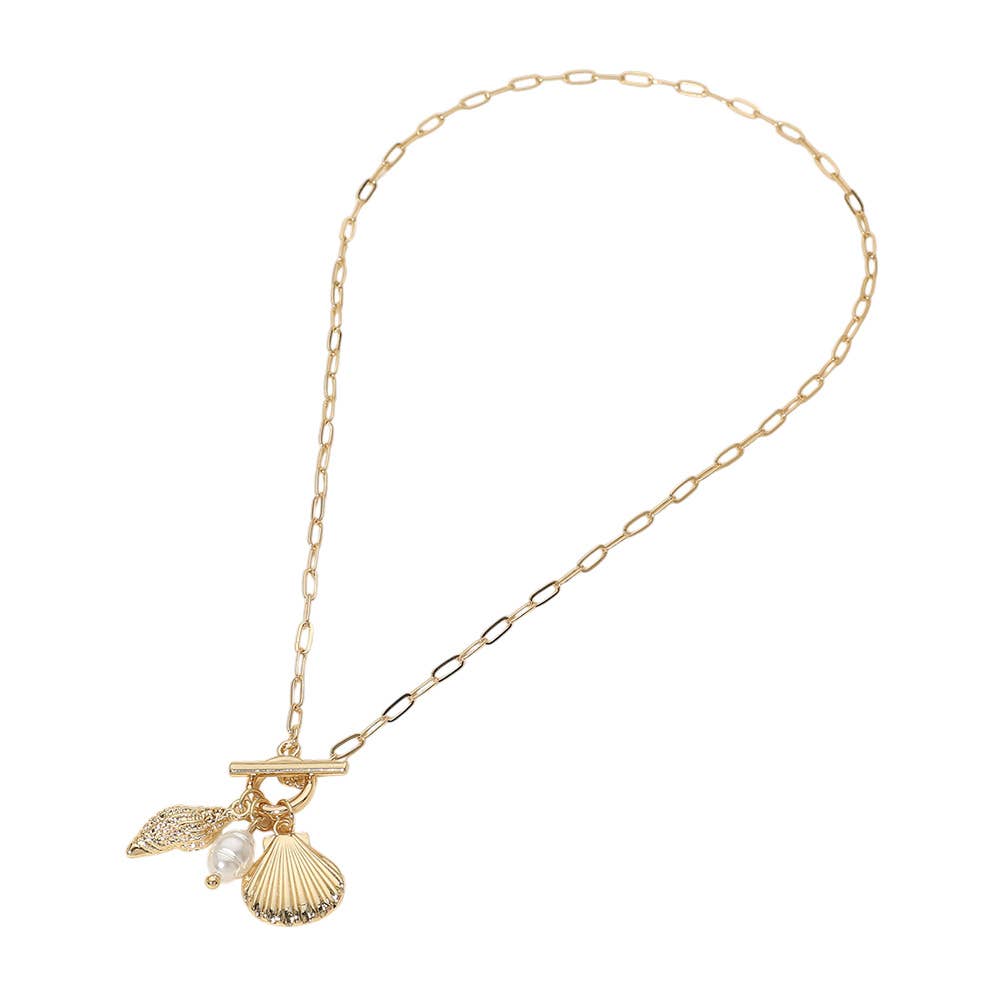 Seashell Pearl Charm Toggle Paperclip Chain Necklace