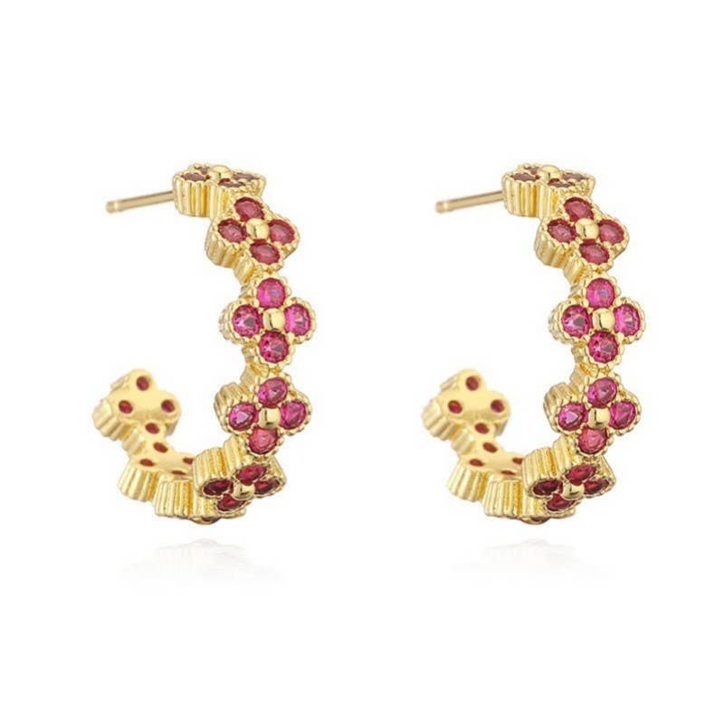 Floral Clover Rhinestone Semi-Hoop Earrings | 40E515