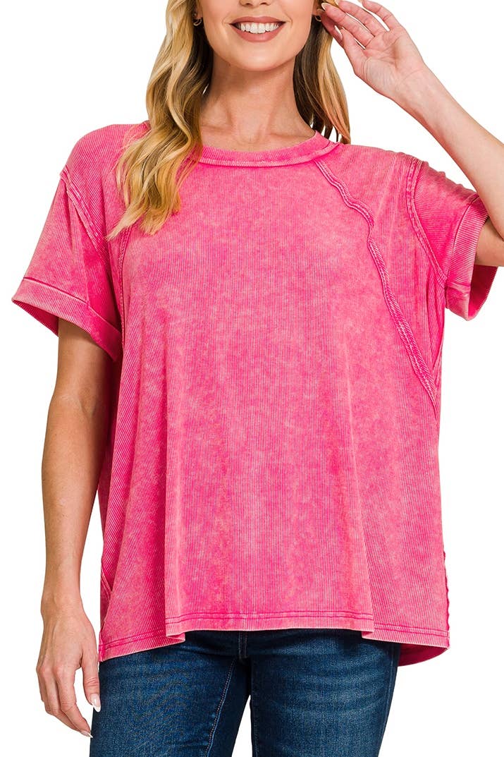 Washed Ribbed Cuffed Short Sleeve Round Neck Top